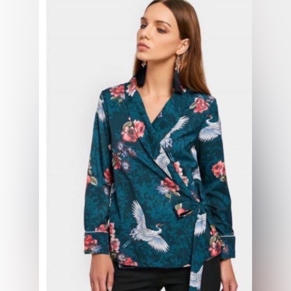 Zara Floral Wrap Blouse with Crane Design